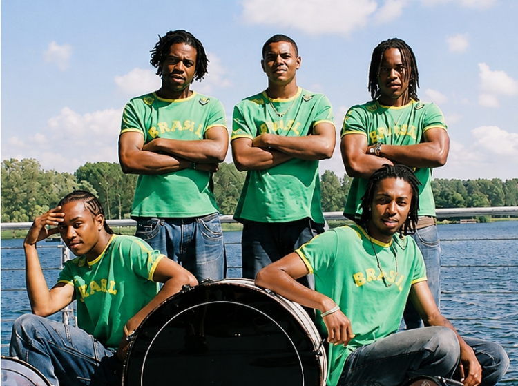 brazilian percussion band pose with their drums